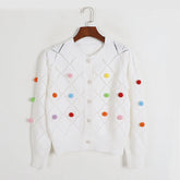 Pull à manches bouffantes et col rond, cardigan à simple boutonnage avec boule de fourrure de couleur Preppy précoce